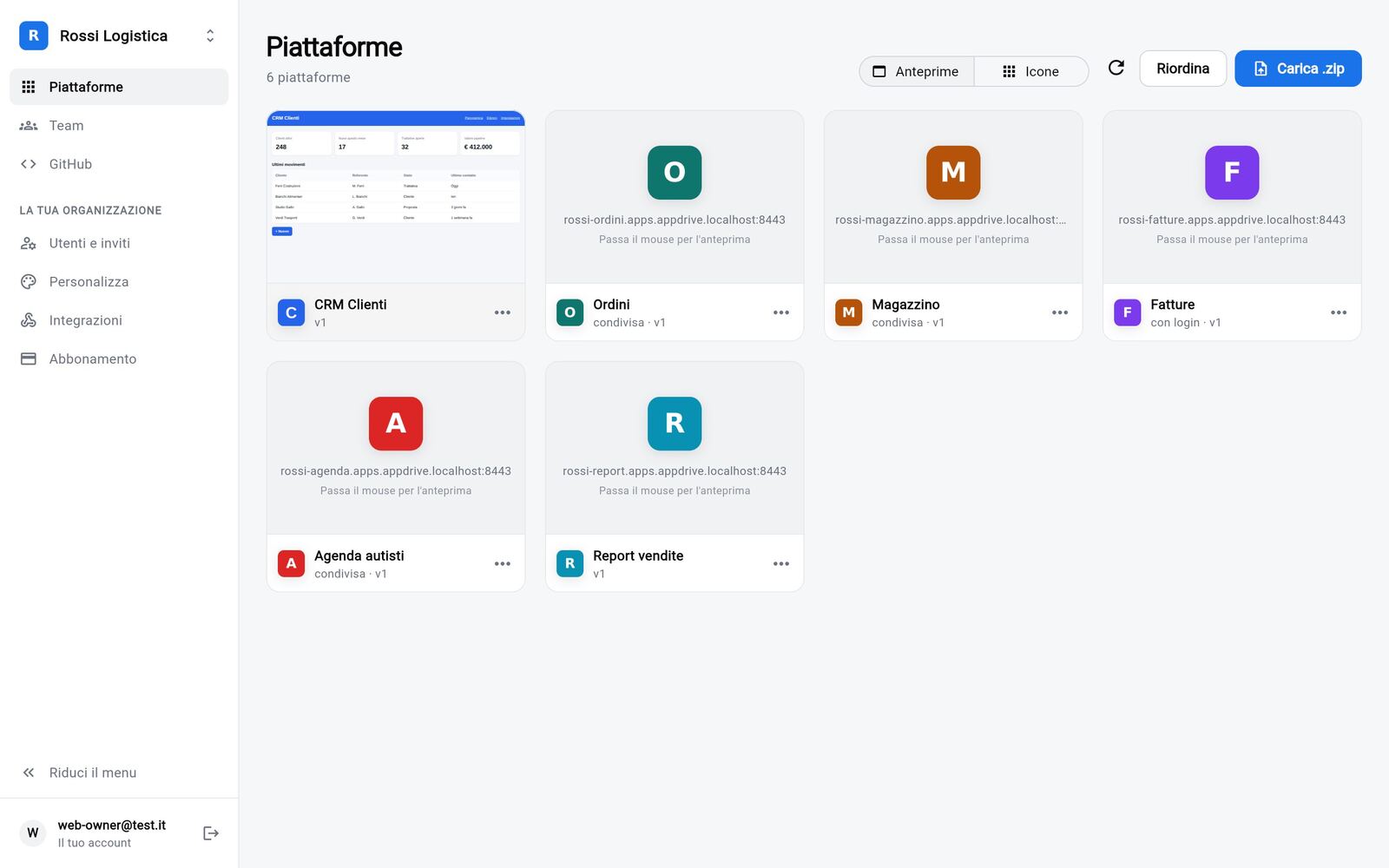 La home di App Drive nel browser, con le anteprime delle piattaforme